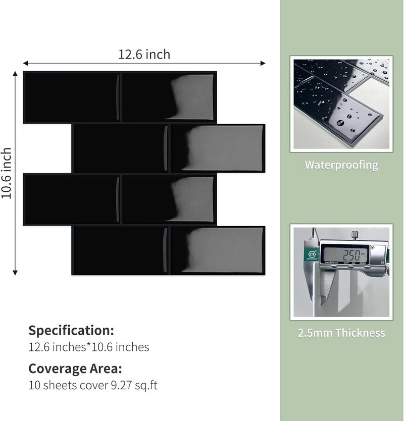 MOONFUN 10-Sheet Thick Peel and Stick Kitchen Backsplash Tiles, 3D Subway Waterproof Self-Adhesive Wall Tile Stick on Backsplash for Kitchen and Bathroom(Black,12.6"×10.6") - Image 3